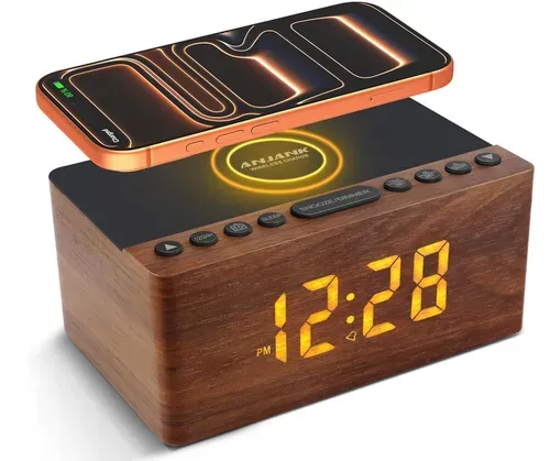 [171140] Holz Digitaler Radiowecker mit kabelloser Qi-Ladestation, LED-Display, 9 Alarmtöne & USB-An.webp