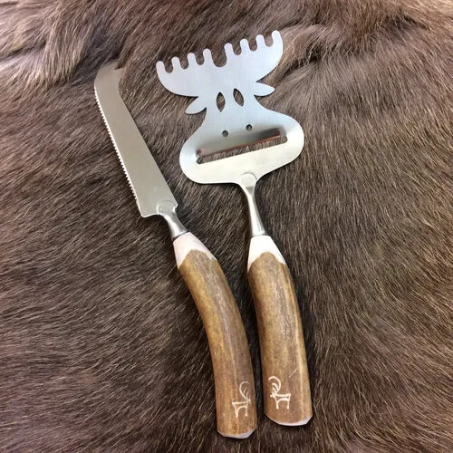 [170338] Handgefertigtes Käsehobel- und Käsemesser-Set aus Rentierhorn und Stahl – Wood Jewel Finnland