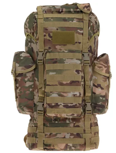 [170478] Robuster MOLLE Kampfrucksack 65L aus 600D Polyester mit PVC-Beschichtung – Tarnfarbe Arid