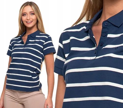 [170500] Damen-Poloshirt Marineblau gestreift, Baumwolle/Elastan, atmungsaktiv, klassischer Schnitt, elegant