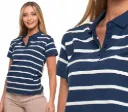 Damen-Poloshirt Marineblau gestreift, Baumwolle/Elastan, atmungsaktiv, klassischer Schnitt, elegant