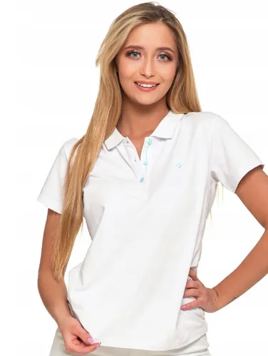 [170502] Damen-Poloshirt Weiss, Baumwolle/Elastan, gerader Schnitt, goldene Akzente, elegant & bequem