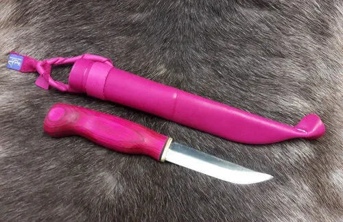 [170003] Jagdmesser aus Finnland - Handgefertigt mit pinkem Holzgriff und Edelstahlklinge