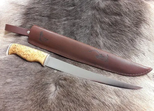 [170009] Finnisches Filetiermesser handgefertigt - Griff aus Maserbirke mit Rentierhorn, 34 cm lang