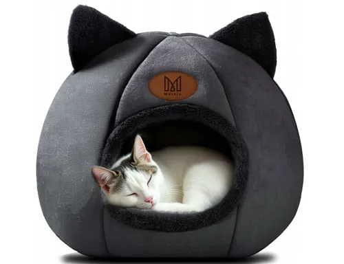 [170683] Katzen-Haus „Daisy“ – Plüschbett mit Ohren, 35×35 cm, schwarz