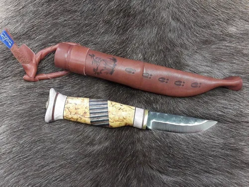 [170018] Finnisches Jagdmesser - Kaukozebra, Handgefertigt mit Rentiergeweih und Stahlklinge
