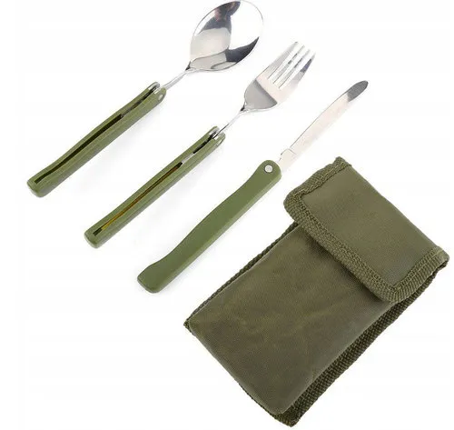[170030] Faltbares Camping-Besteck-Set – Messer, Gabel, Löffel aus Edelstahl mit Tasche, Armeegrün