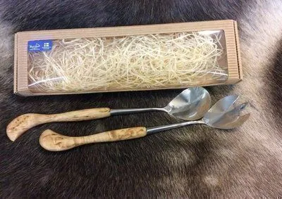 [170034] Salatbesteck – Handgefertigt in Finnland aus Maserbirke, Wood Jewel von Kauko Raatiniemi