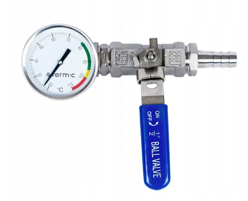 [170742] Edelstahl-Kugelhahn 1/2 Zoll – 1-teilig, säurebeständig, mit integriertem Thermometer