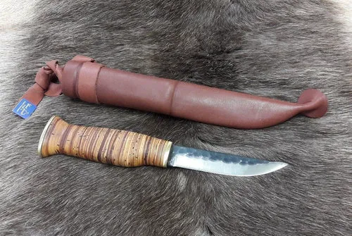 [170096] Seltenes, finnisches Jagdmesser mit Kohlenstoffstahlklinge, Birkenrinde-Griff, Kauko Raatiniemi
