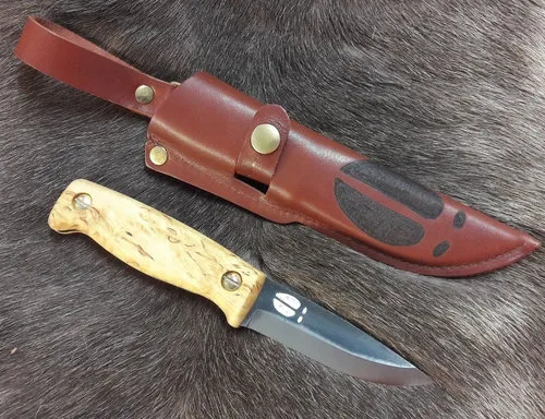 [170098] Finnisches, handgefertigtes Puukko-Jagdmesser mit Kohlenstoffstahlklinge, Curly-Birch-Griff