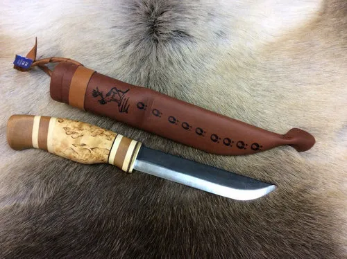 [170100] Handgefertigtes finnisches Outdoor-Messer mit Curly-Birch-Griff, Kohlenstoffstahlklinge, Wood Jewel