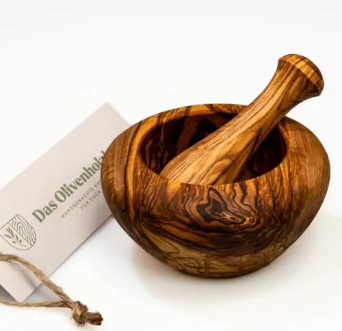 [170979] Hochwertiger Mörser und Stössel aus Olivenbaumholz -  Durchmesser 14 cm