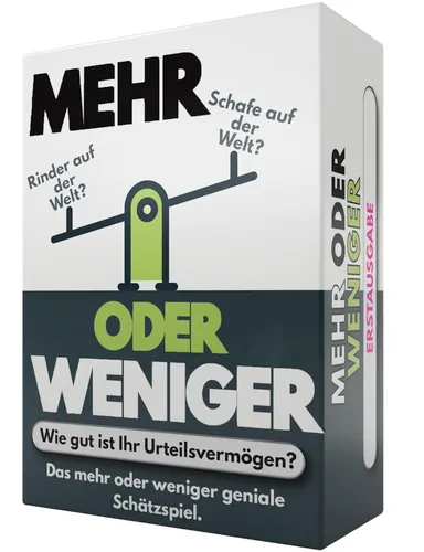 Mehr oder Weniger – Quiz-Kartenspiel für 2+, Fragen zu Wissen & Schätzvermögen, sofort spielbereit