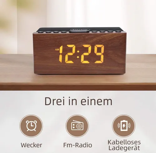 [171140] Holz Digitaler Radiowecker mit kabelloser Qi-Ladestation, LED-Display, 9 Alarmtöne & USB-Anschluss