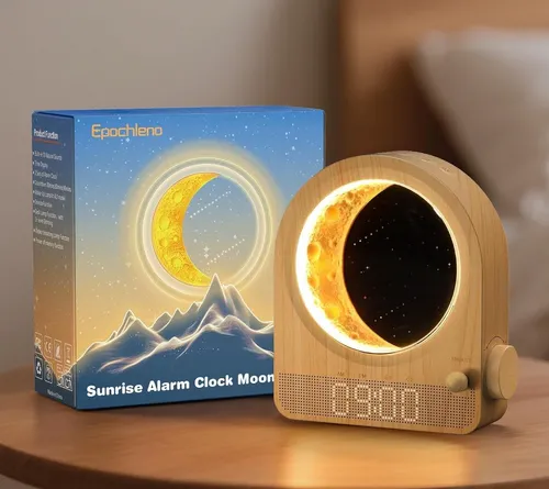 [171141] Sonnenaufgang Licht Wecker mit Weissem Rauschen, Mondlicht & 10 Töne, Holzmaserung – Epochleno