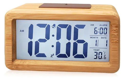 [171142] Wecker Digital Holz mit Grossem LCD-Display, Datum, Temperatur & Snooze – Handarbeit