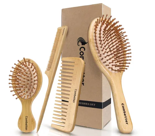 Bambus Haarbürsten Set aus Naturbambus – 4-teiliges Pflege-Set für Kopfhaut & Haar