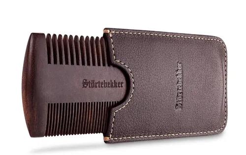 [171194] Störtebekker Premium Bartkamm aus Holz mit Lederetui – beidseitig gezahnt inkl. Bartguide