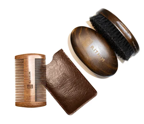 [171201] Bartbürste & Bartkamm Set aus Kirschholz mit Wildschweinhaar inkl. Etui für unterwegs