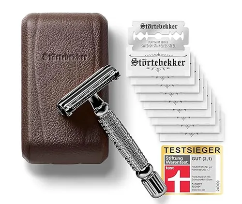 [171205] Störtebekker Premium Rasierhobel Hamburg – Testsieger 2024 mit 10 Klingen & Leder-Etui