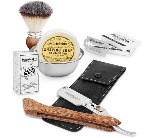 [171206] Störtebekker Premium Rasiermesser Set Herren – Lederetui mit Pinsel, Schale & Rasierklingen