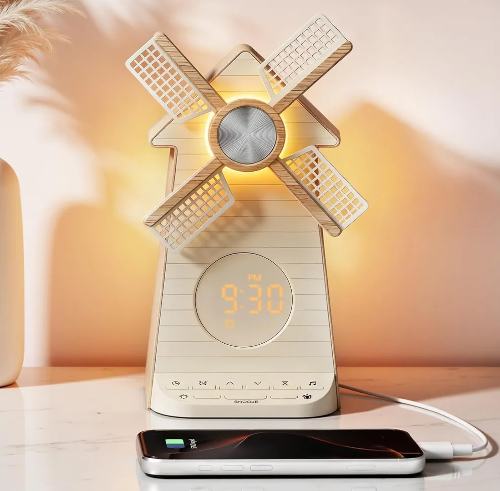 Nachttischlampe mit Wecker, USB-Ladestation, Nachtlicht & Naturklängen