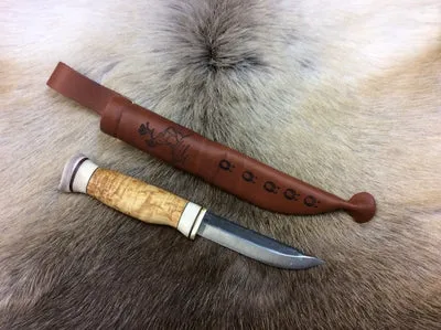 Kleines Messer Wood Jewel Finnland, Carbonstahl, Rentiergeweih & Maserbirke, Handarbeit