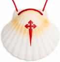 Pilgermuschel Jakobsweg mit Cruz de Santiago – Naturmuschel mit roter Kordel