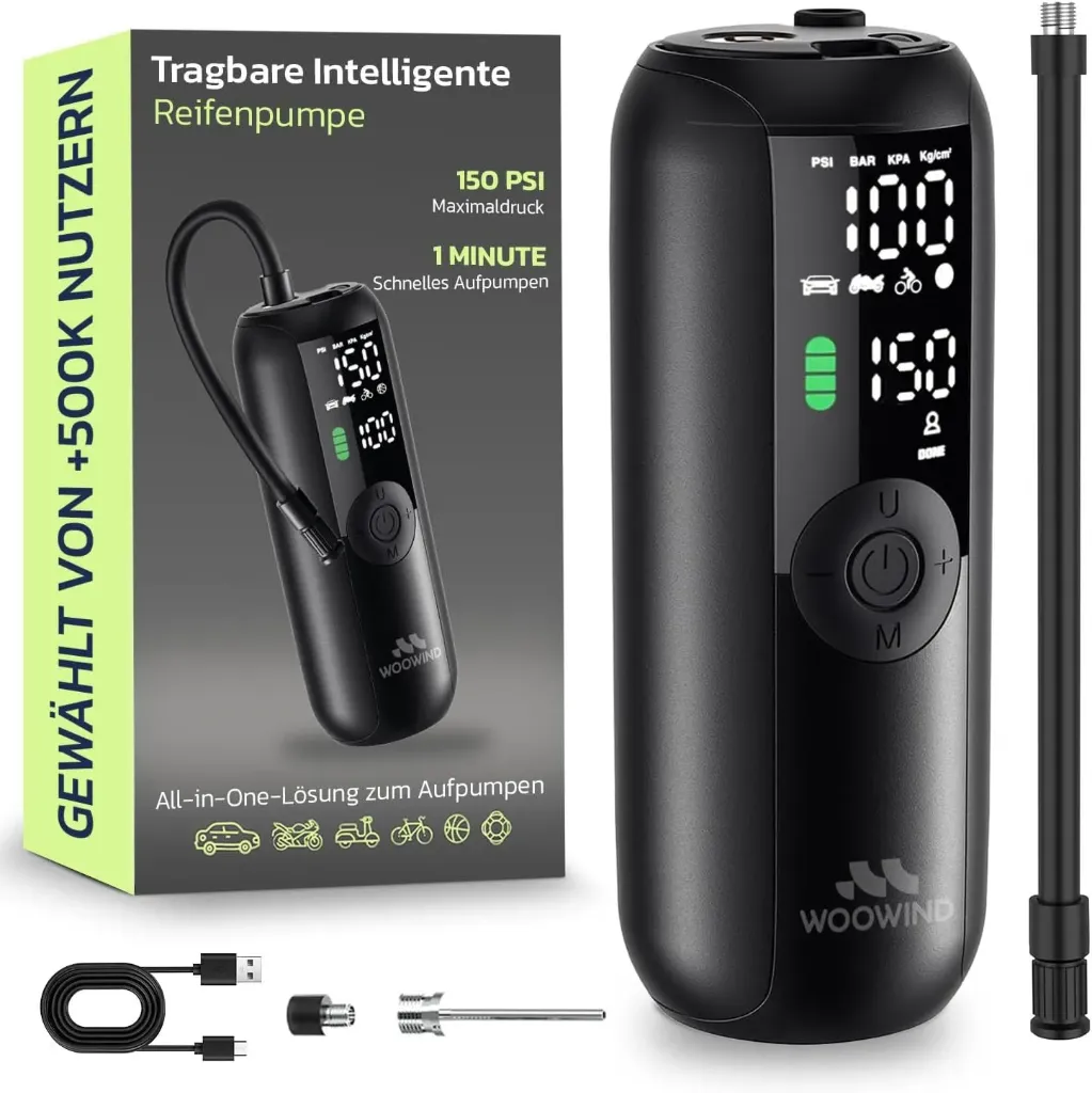 [171351] Woowind Elektrische Luftpumpe – Tragbarer Akku-Kompressor mit LCD-Display & Auto-Stopp