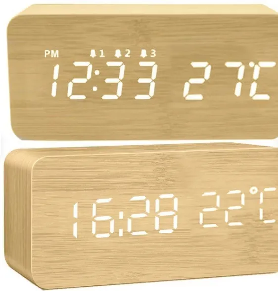 [170113] LED-Wecker mit Thermometer, Kalender & Geräuschsteuerung – Holzoptik, modern und energiesparend