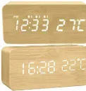 LED-Wecker mit Thermometer, Kalender & Geräuschsteuerung – Holzoptik, modern und energiesparend