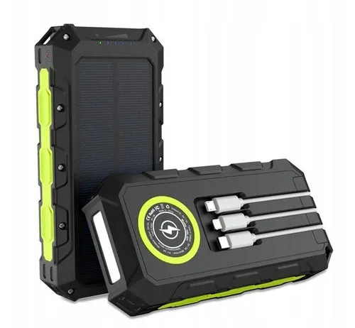 [170115] 30000mAh Solar-Powerbank mit QuickCharge, 6 Geräte, kabellos, IP54, Taschenlampe