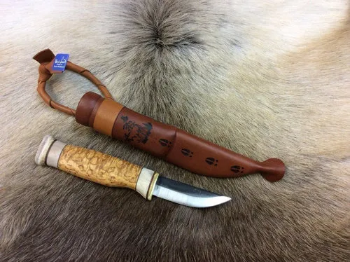 [170124] Messer Wood Jewel Finnland, Carbonstahl, Rentiergeweih & Maserbirke, Handarbeit