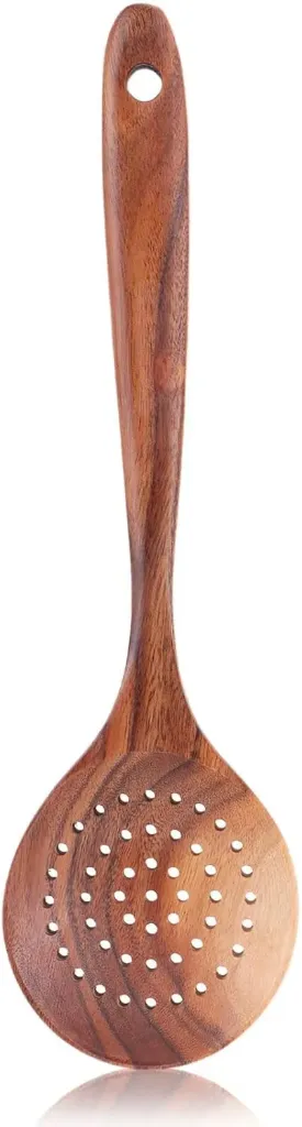 Abtropfkelle aus Teakholz - Sieblöffel mit langem Griff 28 cm