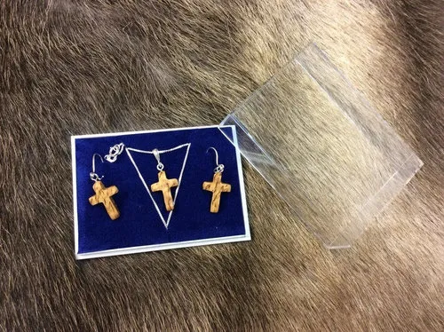 [170162] Finnisches Silber-Holzschmuck Set "Kreuz" & Ohrringe aus Maserbirke – Handgefertigt, Unikat