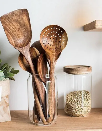 [170173] Teakholz-Kochlöffel handgefertigt, 26 cm, robust, langlebig, nachhaltiges Küchenbesteck, stilvoll