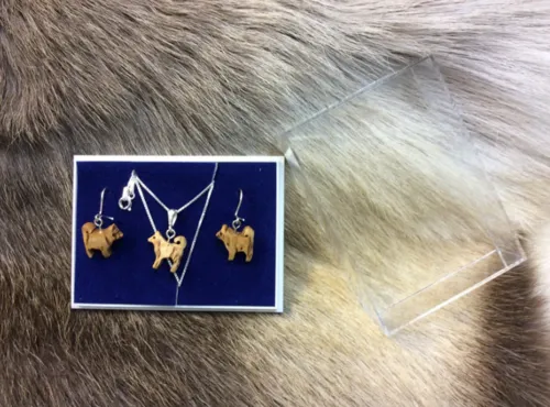 [170200] Finnisches Silber-Holzschmuck Set "Husky" & Ohrringe aus Maserbirke – Handgefertigt, Unikat