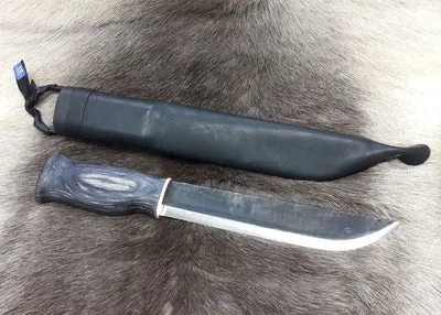 [170225] Wuchtiges Jagd-Messer 32 cm aus Kohlenstoffstahl mit Rentiergeweih & Maserbirke aus Finnland