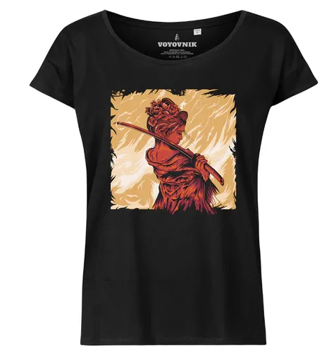 [170246] T-Shirt für Frauen mit Samurai-On-Fire-Motiv, Grösse M, Farbe Schwarz