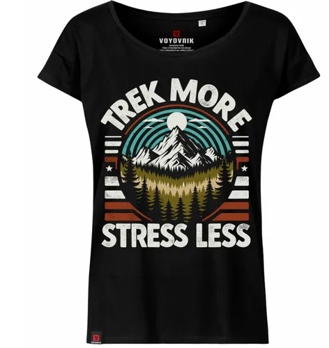 [170250] Damen-T-Shirt „Trek More, Stress Less“ von Voyovnik, Oversize-Schnitt, schwarz