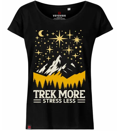 [170251] Damen-T-Shirt «Trek More, Stress Less» aus 100 % Baumwolle, Oversize-Schnitt, 140 g/m², Schwarz
