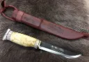Graviertes Finnland-Messer "Northern Lights" mit Carbonstahlklinge, Rentiergriff, Wood Jewel